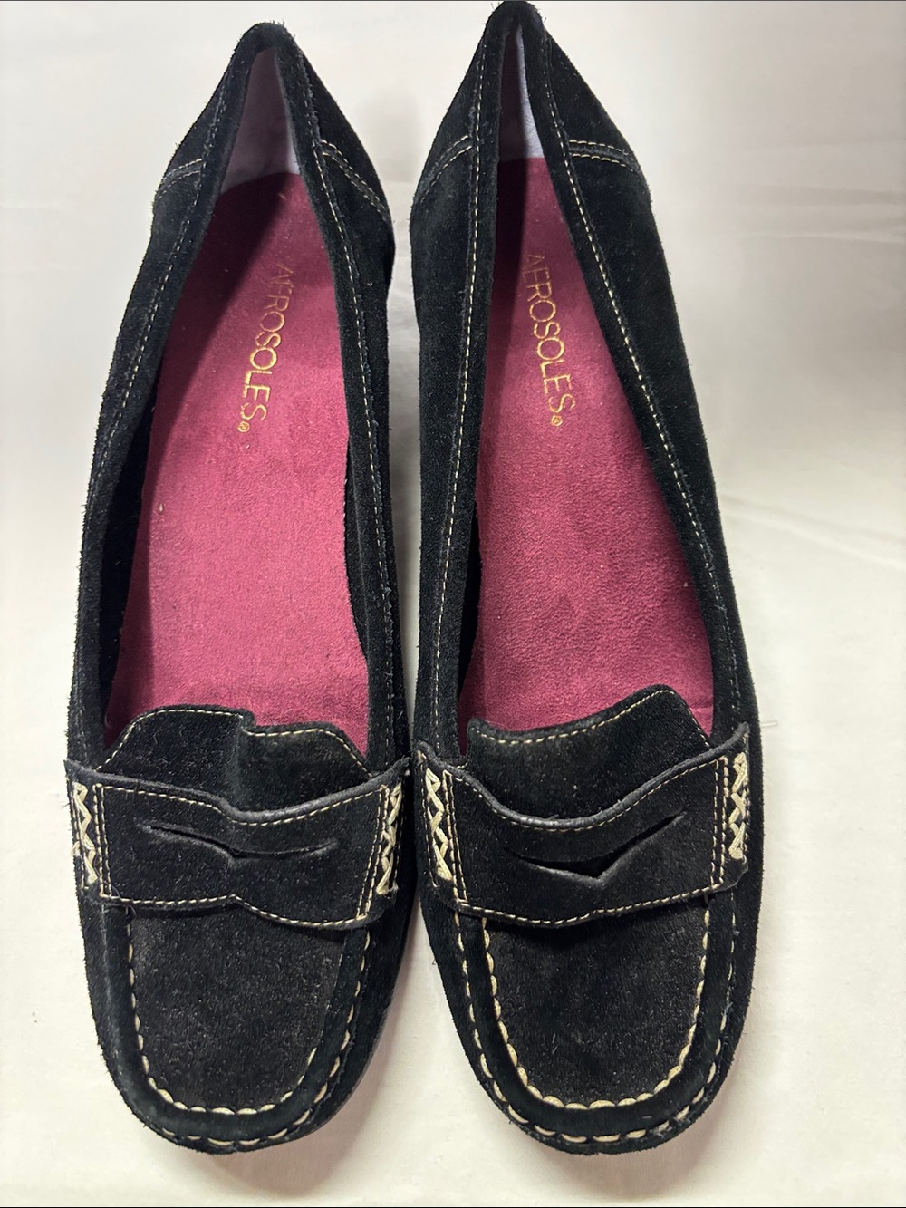 AEROSOLES Black Suede Penny Loafers with Pink Insole